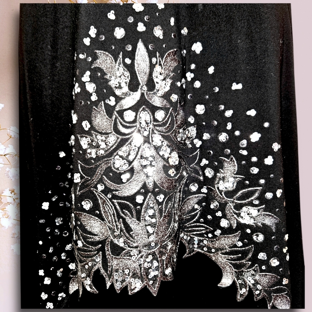 Sabora Black strapless midi dress w silver floral embroidery high-low hem Size L - Picture 6 of 9